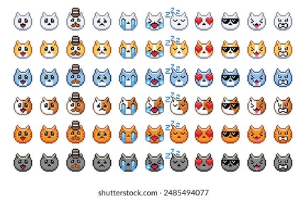 Pixel cat, pixel emoji set, cat, kitten, pixel emoji pack, pixel art, set of emotions in vector, cat icons, cute funny faces, emoticon, 8bit, set of 11 colored emojis