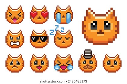 Pixel cat, pixel emoji set, orange cat, red cat, pixel emoji pack, pixel art, set of emotions in vector, cat icons, cute funny faces, emoticon, 8bit, set of 11 colored emojis