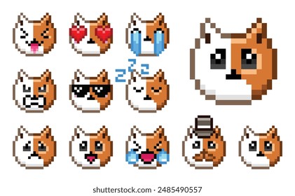 Pixel cat, pixel emoji set, orange cat, white cat, pixel emoji pack, pixel art, set of emotions in vector, cat icons, cute funny faces, emoticon, 8bit, set of 11 colored emojis