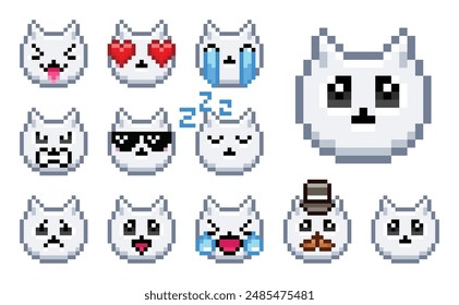 Pixel cat, pixel emoji set, white cat, pixel emoji pack, pixel art, set of emotions in vector, cat icons, cute funny faces, emoticon, 8bit, set of 11 colored white cat emojis