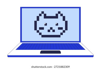 Cara del gato del pixel en el objeto de la historieta 2D de la pantalla del ordenador portátil. Gatito pixelado. Mascota digital de 8 bits. Animal virtual. Tecnología animal doméstico elemento aislado plano Vector Clip arte en blanco. Ilustración de punto