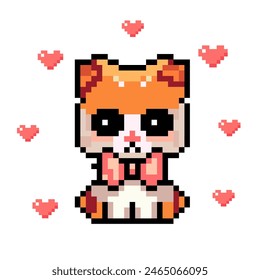 Pixel cat ginger with bow and hearts, isolated