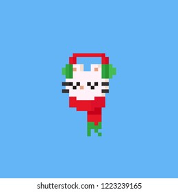 Pixel cat head with red scarf and ear warmer.Christmas,8bit.