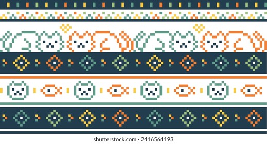 Pixel Cat seamless pattern, Bohemian style tribal cat pattern design for textile, fashion, print pattern.