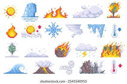 Cataclismo de pixel. Erupção do vulcão do jogo 2D retro com fogo, fumaça, lava e rochas, explosão de montanha com impacto meteorito. Ilustração de desastre vetorial.