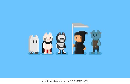 Pixel cats wear halloween costume.8bit character.