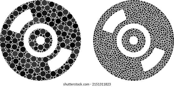 Pixel CD disc icon. Collage CD disc icon constructed from spheric elements in different sizes and color tinges. Vector spheric elements are arranged into collage CD disc icon.