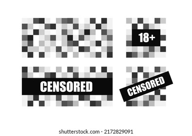 Pixel censored signs set. Censorship black rectangle. Vector illustration isolated on white background.