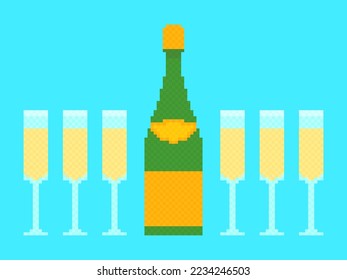 Pixel champagne bottle and glasses. 8-bit pixelated bottle and glass of wine in 80s retro graphic style. Festive drink icons. Design for posters and banners. Vector illustration