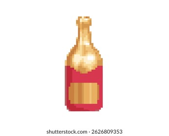 Pixel champagne bottle with golden top and red wrapper, vector illustration in retro style for party theme, celebration concept, UI element, New Year decor, festive visual for holiday projects