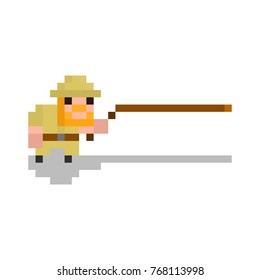 Pixel character archaeologist with a whip for games and web sites