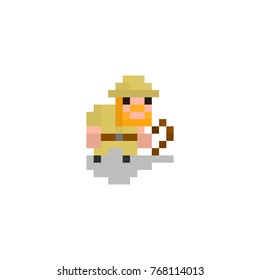 Pixel character archaeologist with a whip for games and web sites