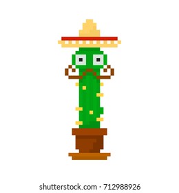 Pixel character cactus mexican for games and applications