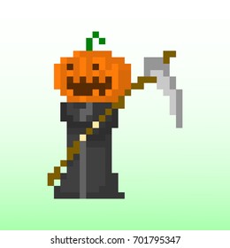 Pixel character death with a pumpkin head for games and applications