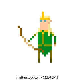 Pixel character elf warrior with bow for games and applications.