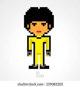 pixel character fighter kung fu with yellow bodysuit vector