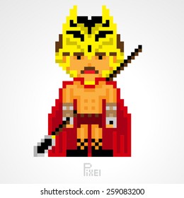 pixel character fighter spartan with spear weapons vector