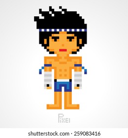 pixel character fighter thai boxing blue vector