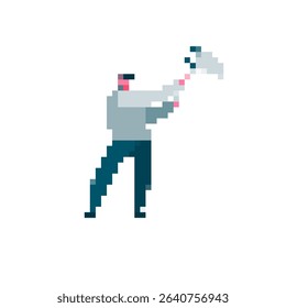 Pixel character with hammer in hand, designed in a vibrant retro sprite style with mosaic features.