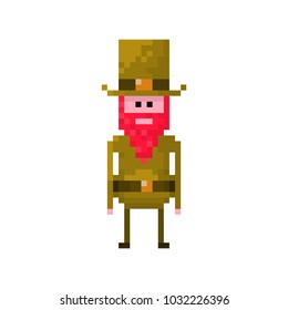 Pixel character man with the beard in top hat for games  and websites