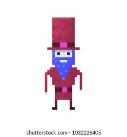 Pixel character man with the beard in top hat for games  and websites