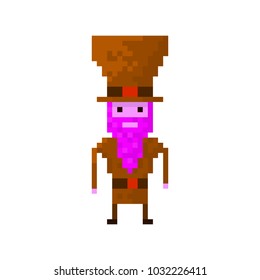 Pixel character man with the beard in top hat for games  and websites