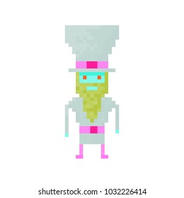 Pixel character man with the beard in top hat for games  and websites