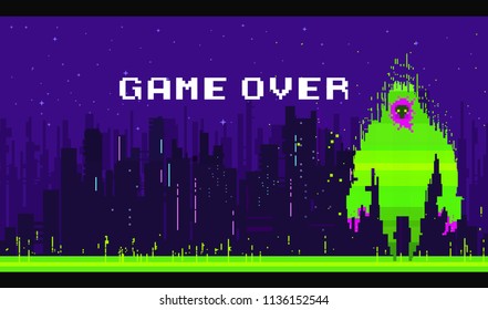 Pixel character monster for games and applications. Halloween character. Pixel art game background with, ground, landscape, sky, silhouette city, and stars. Background with gradient.