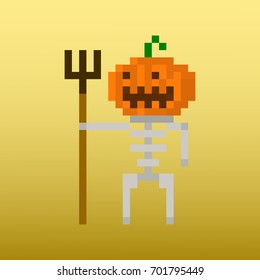 Pixel character monster skeleton with a pumpkin head for games and applications