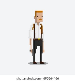 Pixel character of a policeman detective for games and applications