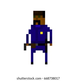 Pixel character of a policeman in the uniform for games and applications