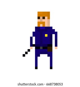 Pixel character of a policeman in the uniform for games and applications