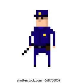 Pixel character of a policeman in the uniform for games and applications