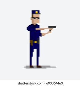 Pixel character of a policeman in the uniform for games and applications
