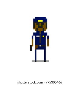 Pixel character policeman in the uniform for games and web sites