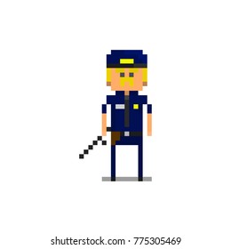 Pixel character policeman in the uniform for games and web sites
