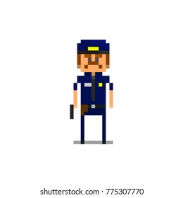 Pixel character policeman in the uniform for games and web sites