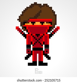 pixel character red ninja with dual swords weapons vector