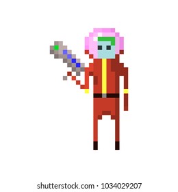 Pixel character space space traveler with blaster for games and websites