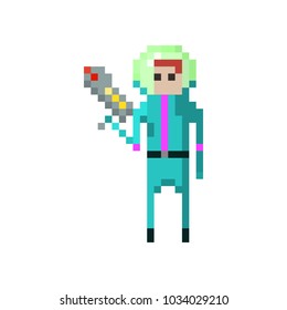 Pixel character space space traveler with blaster for games and websites