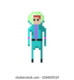 Pixel character space space traveler with blaster for games and websites