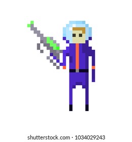 Pixel character space space traveler with blaster for games and websites