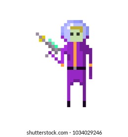 Pixel character space space traveler with blaster for games and websites