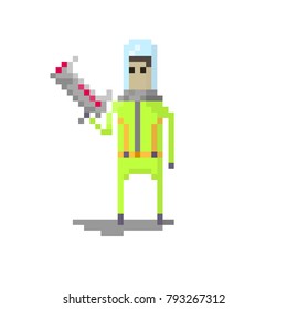 Pixel character space space traveler with blaster for games and websites