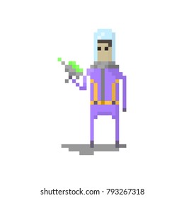 Pixel character space space traveler with blaster for games and websites