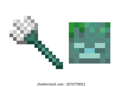 Pixelzeichenvorlagen. Game-Held-Konzept. Green Drowned man und Trident. Ertrunkener Avatar. Vektorgrafik EPS10.