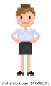 Pixel character vector, isolated woman wearing skirt and blouse serious personage office worker, pixelated secretary smiling and standing in posture confidence. Character for business game