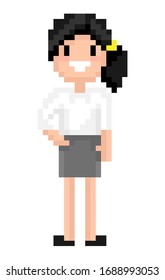 Pixel character vector, isolated woman wearing skirt and blouse serious personage office worker, secretary smiling and standing in posture confidence