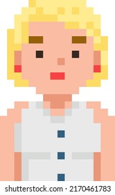 Pixel character vector, isolated woman wearing blouse. Blonde character for video game.