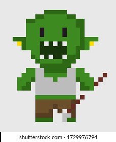 Pixel Character Vector, Zombie With Weapon, Isolated Green Troll With Scary Look And Angry Face, Frightening Man Villain Of Game, Pixelated Personage